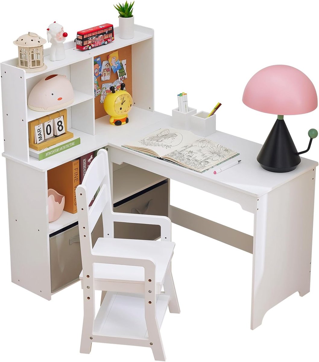 Kinder hoekbureau in L‑vorm met boekenkast - Bureau en stoel set met open planken & lades, voor kinderkamer (3–8 jaar) - Wit