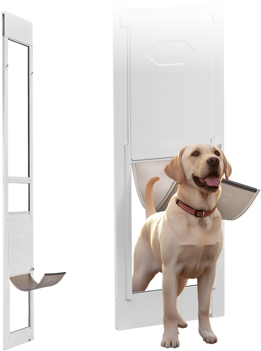Hondenluik Schuifpui - Inzetpaneel voor Glazen Schuifdeur - Hoogteverstelbaar 231,1–243,9 cm - Aluminium Frame - Metalen Scharnieren - Met Slot - Doorgang 26,04 x 41,28 cm - Wit