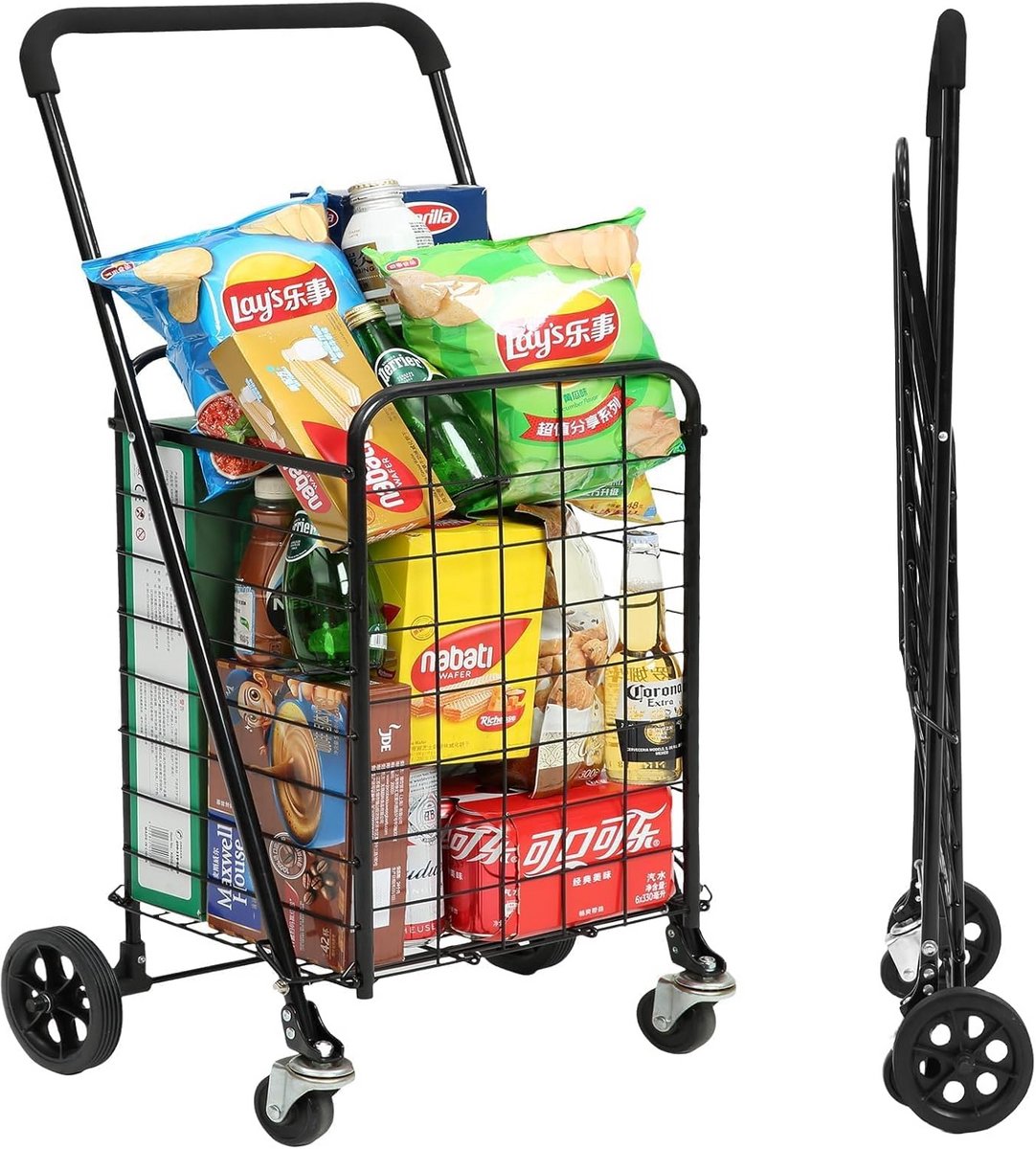 Inklapbare Boodschappenwagen met Dubbele Zwenkwielen - Compact en Lichtgewicht Winkelkar