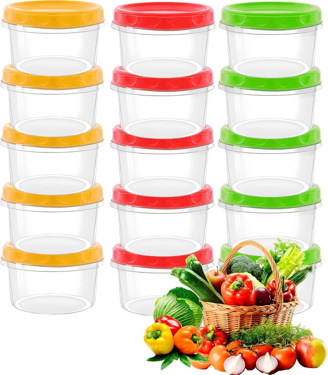 Set van 15 hersluitbare voedselbewaarcontainers met deksel, 250 ml, geschikt voor magnetron en koelkast