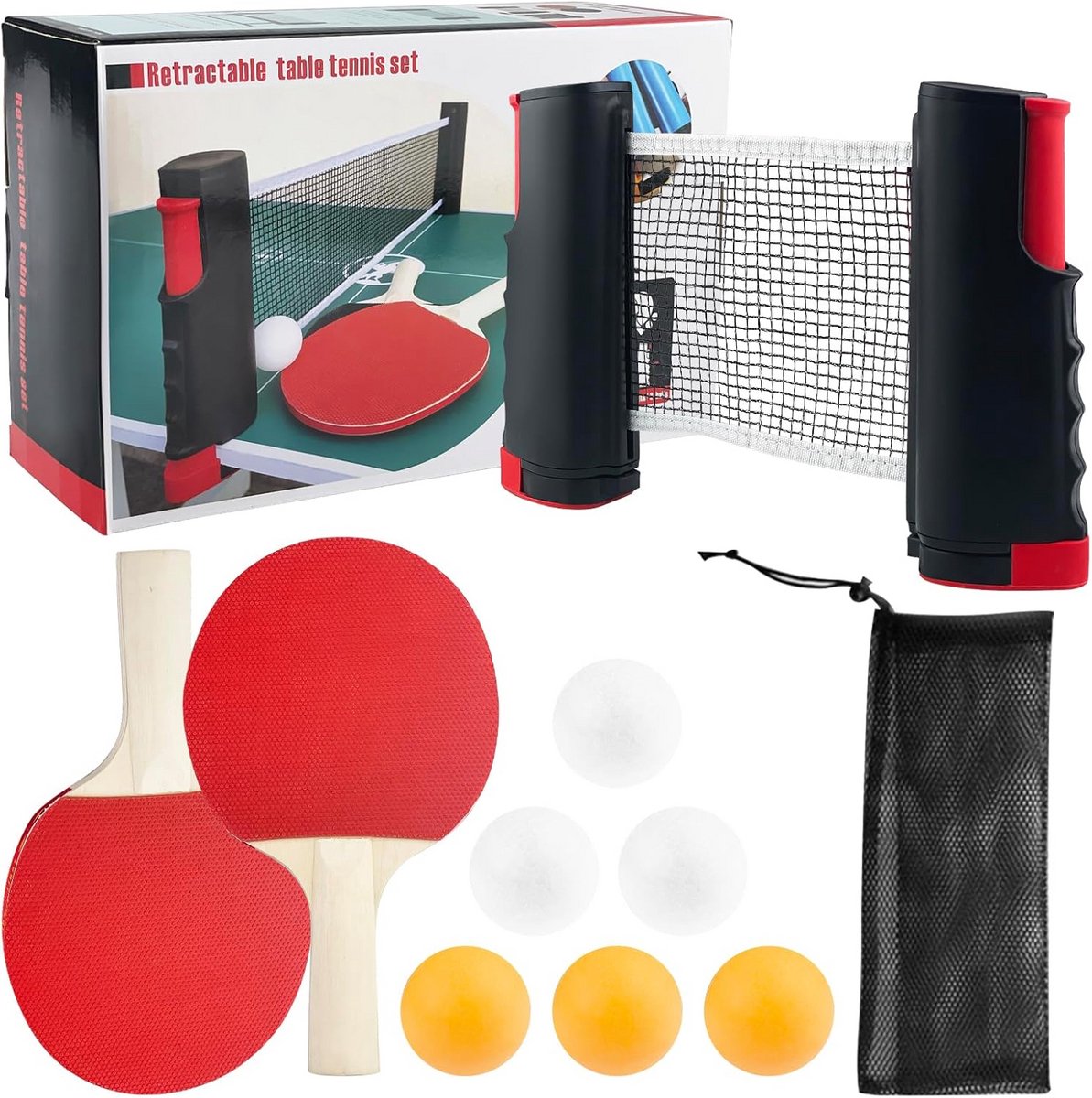 Tafeltennis Set Complet Met 2 Batten, 6 Ballen En Net