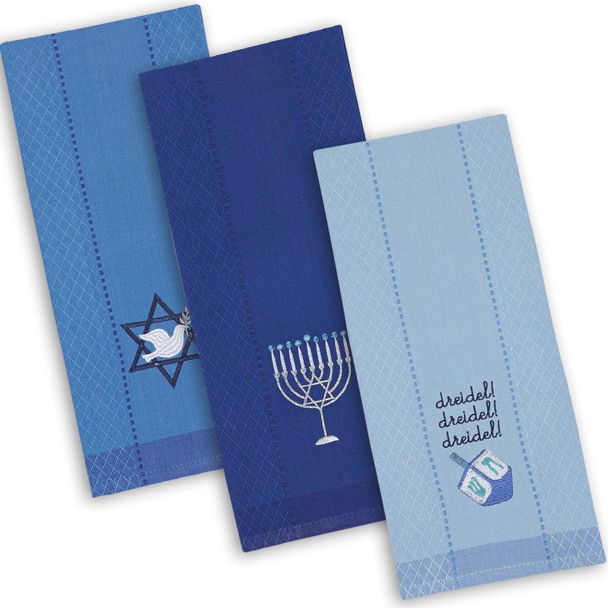 Hanukkah Keuken Collectie - Theepdoeken Set - 3 Stuks - Geborduurde Dreidel