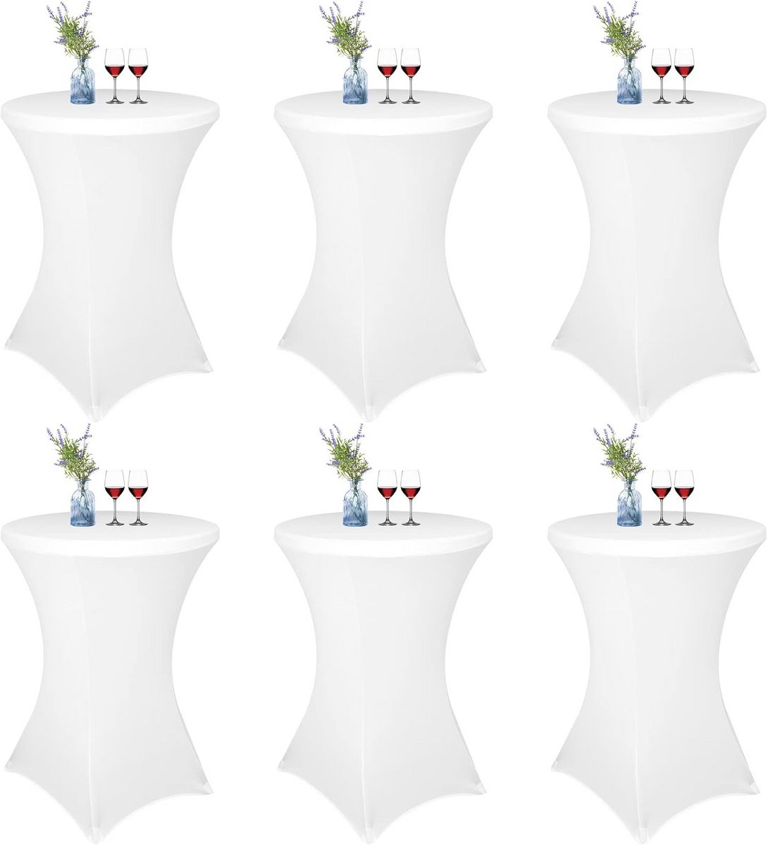 Set van 6 XL Stretch Tafelhoezen Wit voor Ronde Bistrotafels (Ø80-85 cm) - Anti-Wind & Kreukvrij Spandex