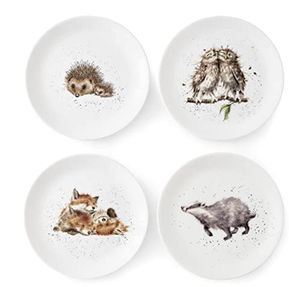 Set van 4 Keramische Borden met Egel, Das, Vos en Uil in 20 CM en 26 CM