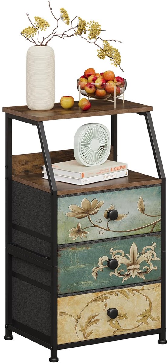 TRANKIELO® - Commodekast met 3 stoffen laden – Vintage stijl – Opbergmeubel voor slaapkamer en woonkamer