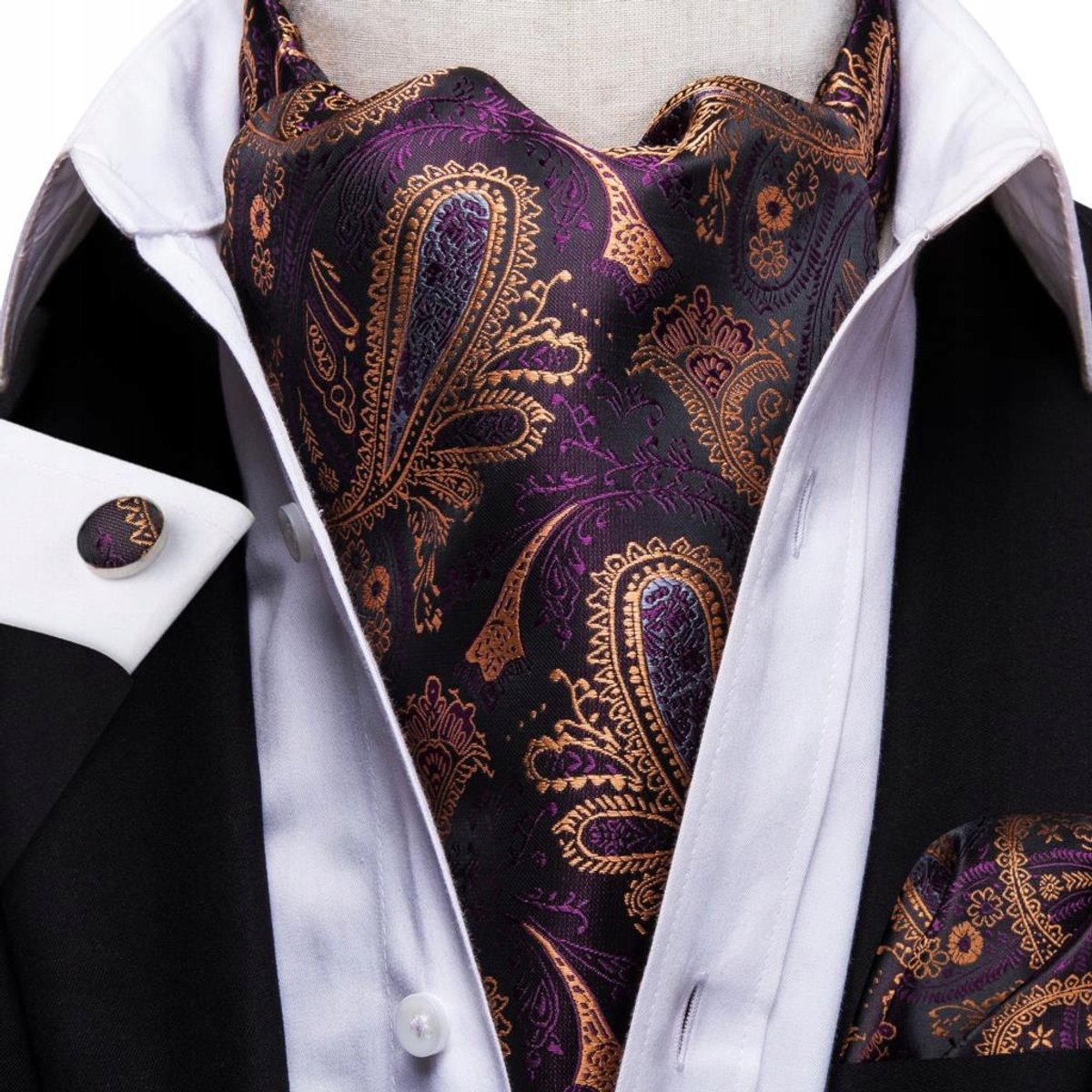 Zijden Ascot Sjaal Set met Manchetknopen en Pochet - Luxe Jacquard