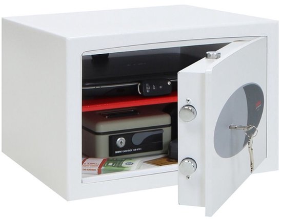 Witte kluis met een openstaande deur en een sleutel in het sleutelgat. Bevat een DVD-speler, Canon camera en geld.