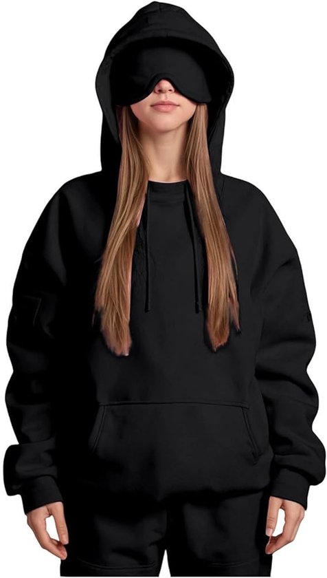 Sweat à capuche automne/hiver - Sweat à capuche de voyage/avion - Nouveautés 2025 - Avec masque intégré - Coupe ample, couleur unie - Unisexe - Idéal pour les voyages d'affaires, les voyages et les vacances - Zwart, Taille XL