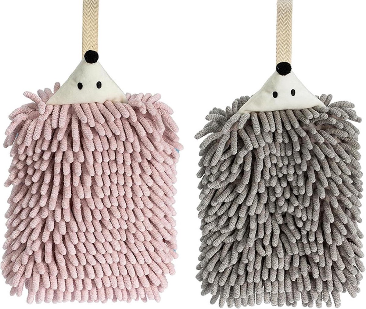Provento - Absorberende microvezel keukendoeken met schattige dierenprint - set van 3 - egel, roze en grijs met ophanglus