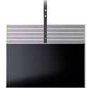 Zwarte plafond TV-beugel met een gedetailleerde weergave van de hoogteverstelling boven de TV.