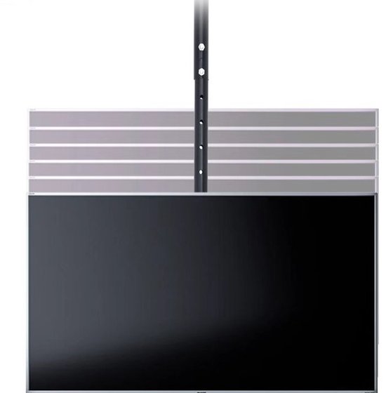 Zwarte plafond TV-beugel met een gedetailleerde weergave van de hoogteverstelling boven de TV.