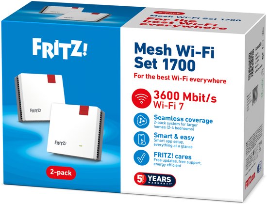 Verpakking van een Fritz! Mesh Wi-Fi Set 1700 2-pack met twee witte apparaten en Wi-Fi 7-informatie.
