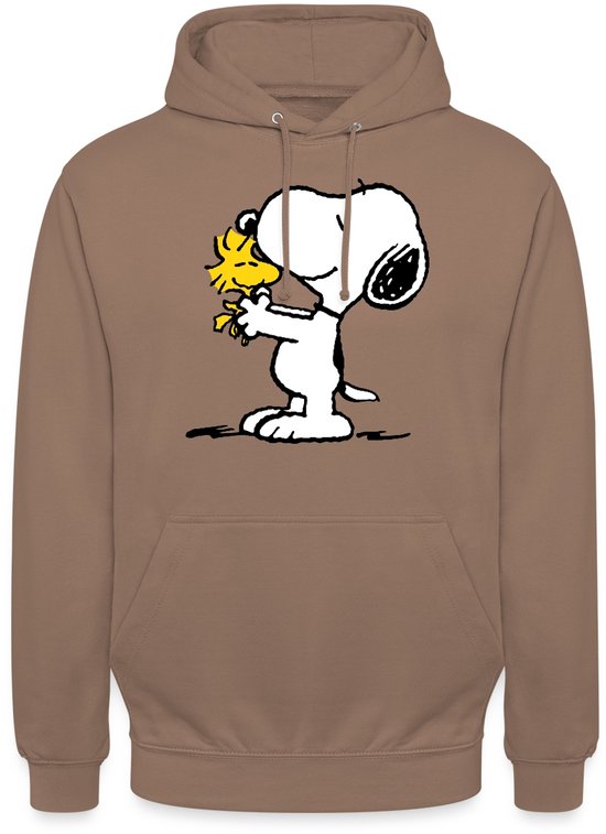 Bruine hoodie met capuchon met opdruk van Snoopy die Woodstock vasthoudt.