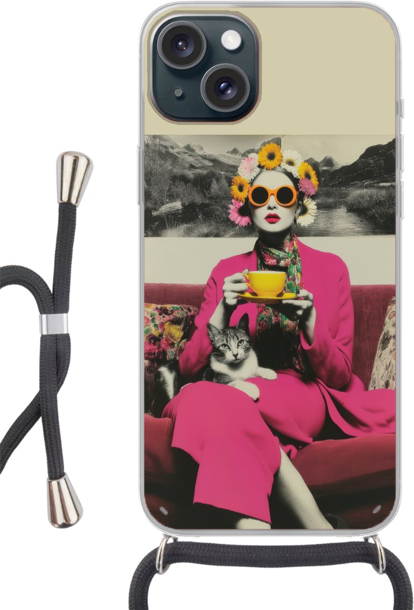 Vrouw - Kat - Bloemen - Kopje - Retro