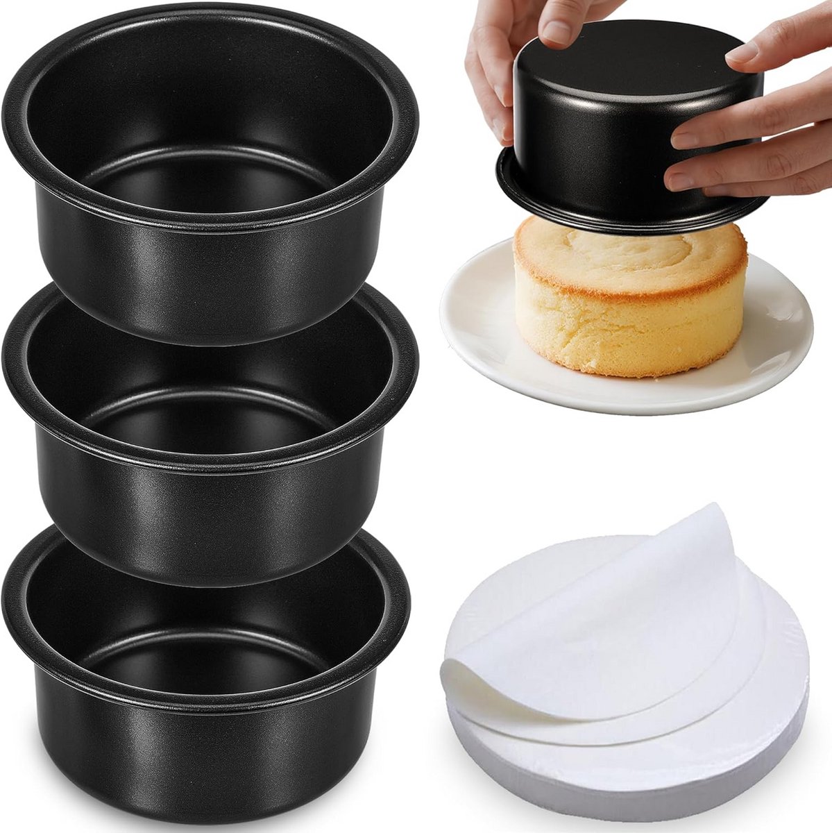 Set van 3 Mini Bakvormen 10cm Non-Stick met Bakpapier voor Taart en Cheesecake