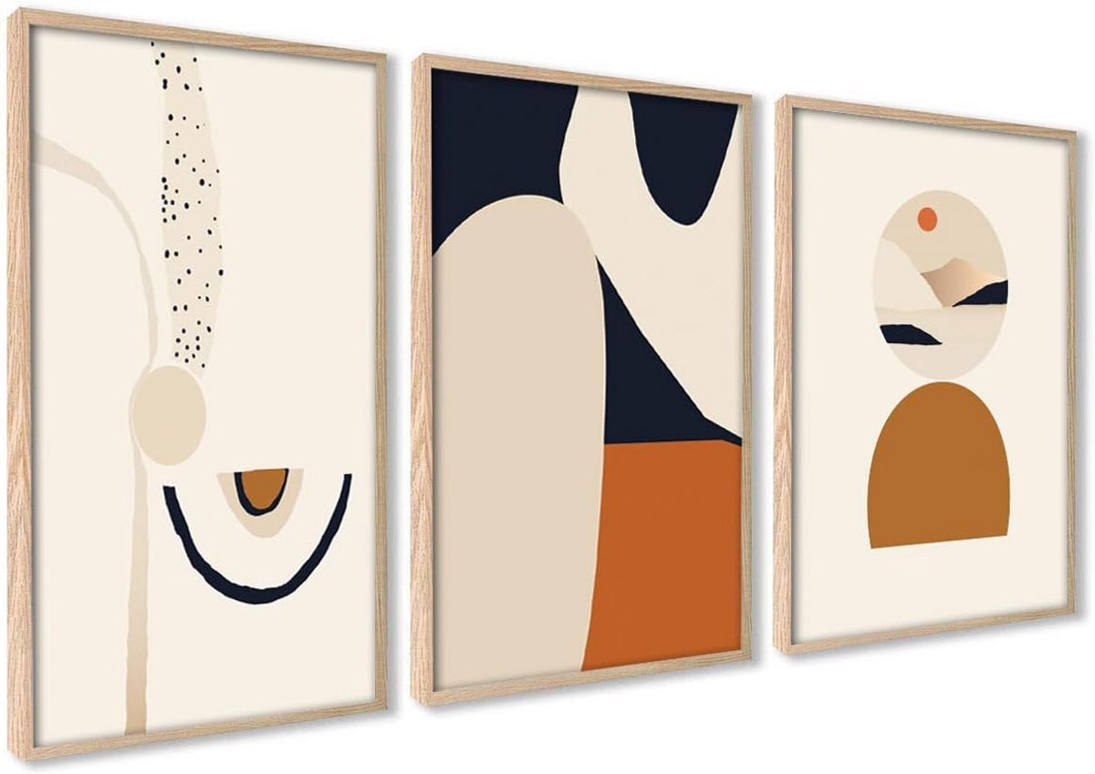 Set van 3 Abstracte Posters met Houten Frame - Woonkamer & Slaapkamer Decoratie - 50x70 cm - Beige & Bruin
