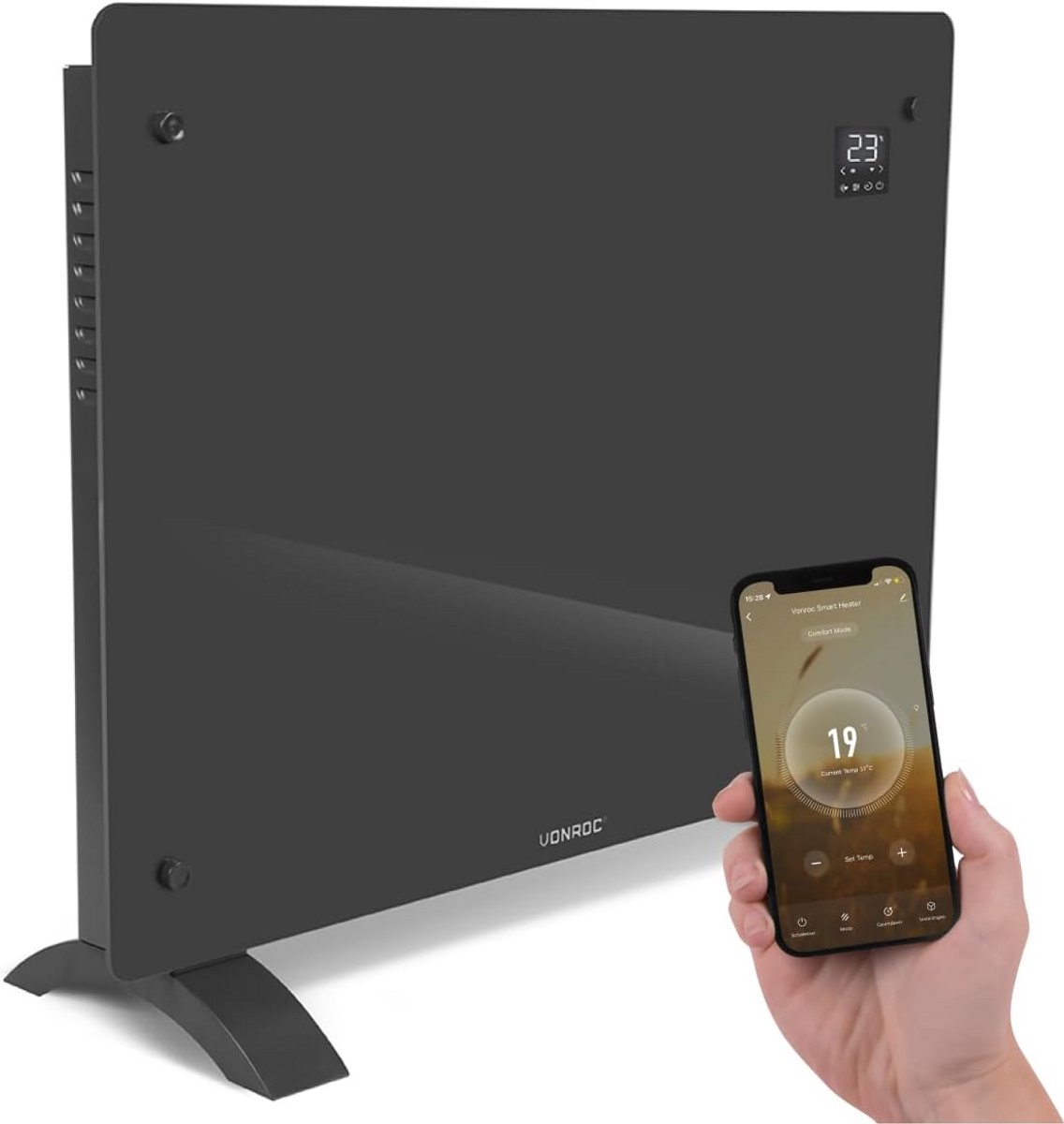 Elektrische Convectorkachel 1500W met Glaspaneel - WiFi Besturing, Thermostaat & Timer - Geschikt voor 18m² - Zwart/Wit/Grijs