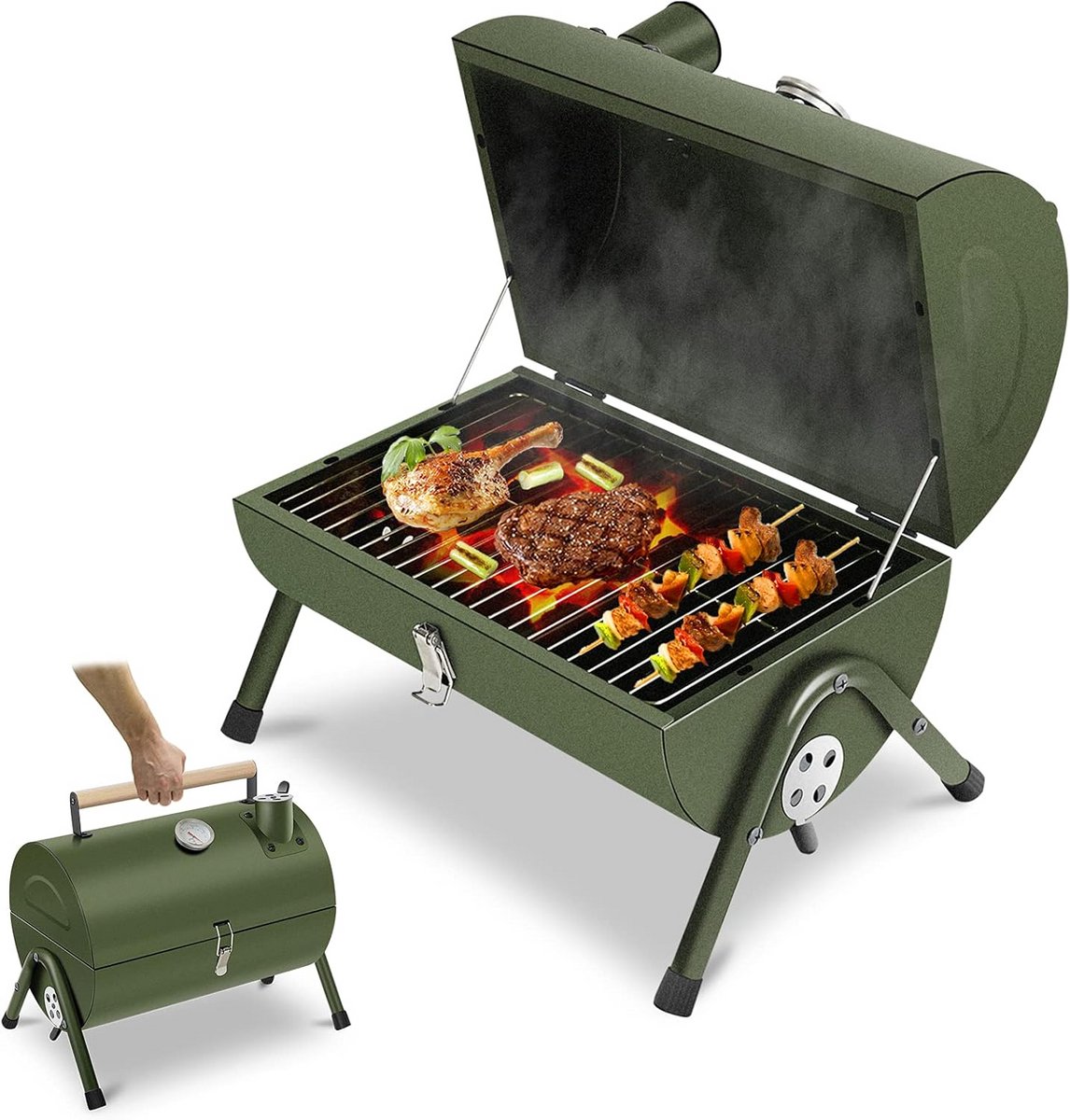 Draagbare Houtskoolbarbecue Compact Groen met Deksel voor Tuin, Camping en Reizen