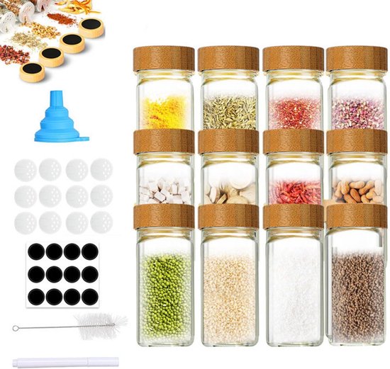 Ferghana 12 stuks kruidenpotjes, kruidenpotjes, 120 ml, kruidenpotjes voor keuken, transparante kruidenpotjes, kruidenpotjes met trechtermarker, borstel voor het reinigen van etiketten