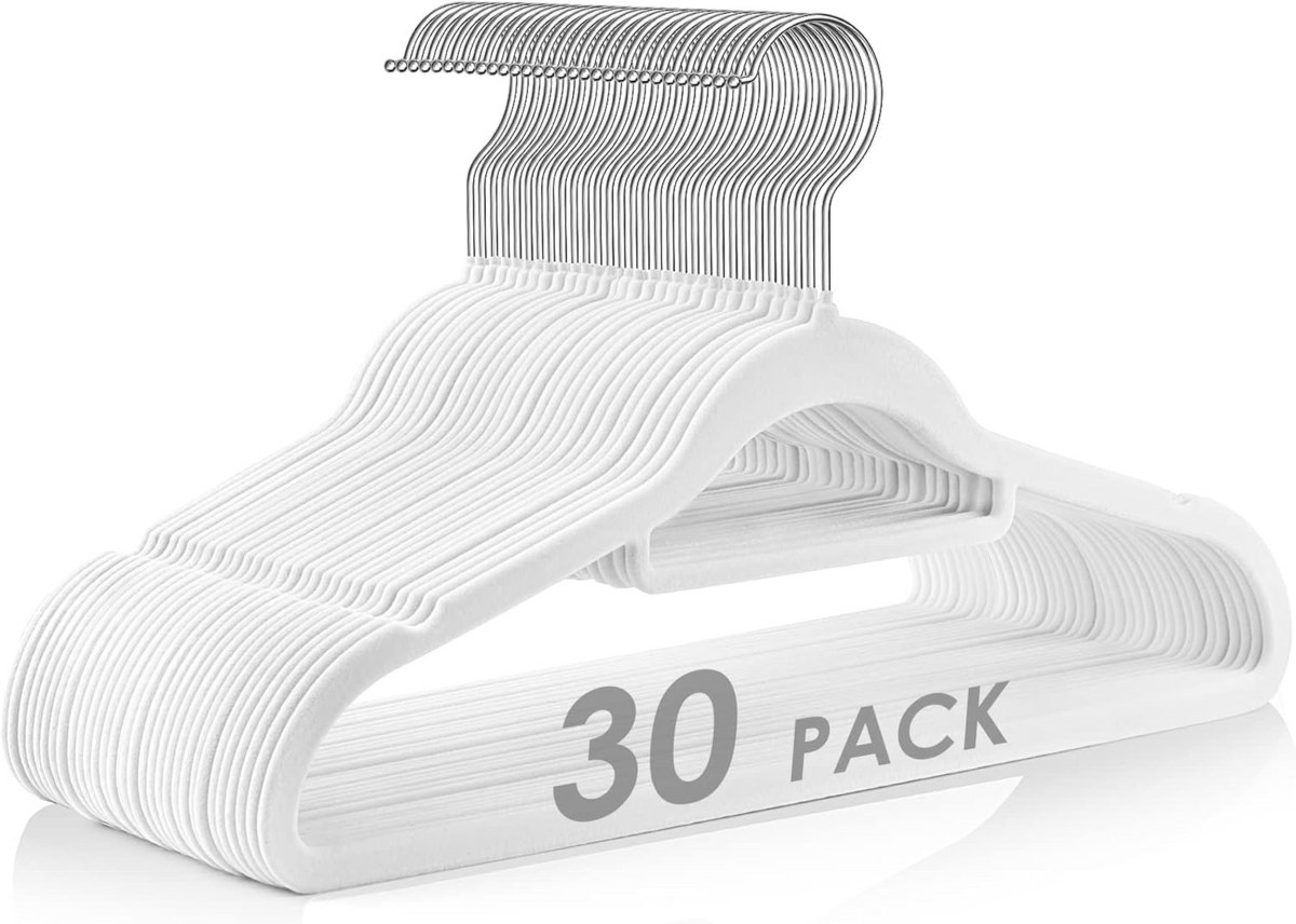 30x Antislip Fluwele Kledinghangers Wit - Ruimtebesparend & Slavendragend Garderobe