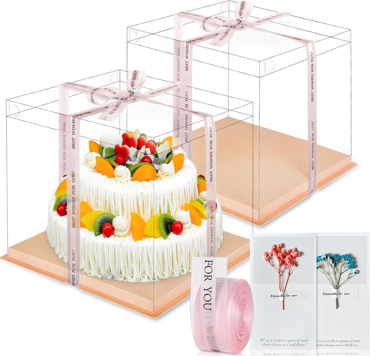Set van 2 Luxe Transparante Taartdozen met Sokkel en Versiering voor Gebak