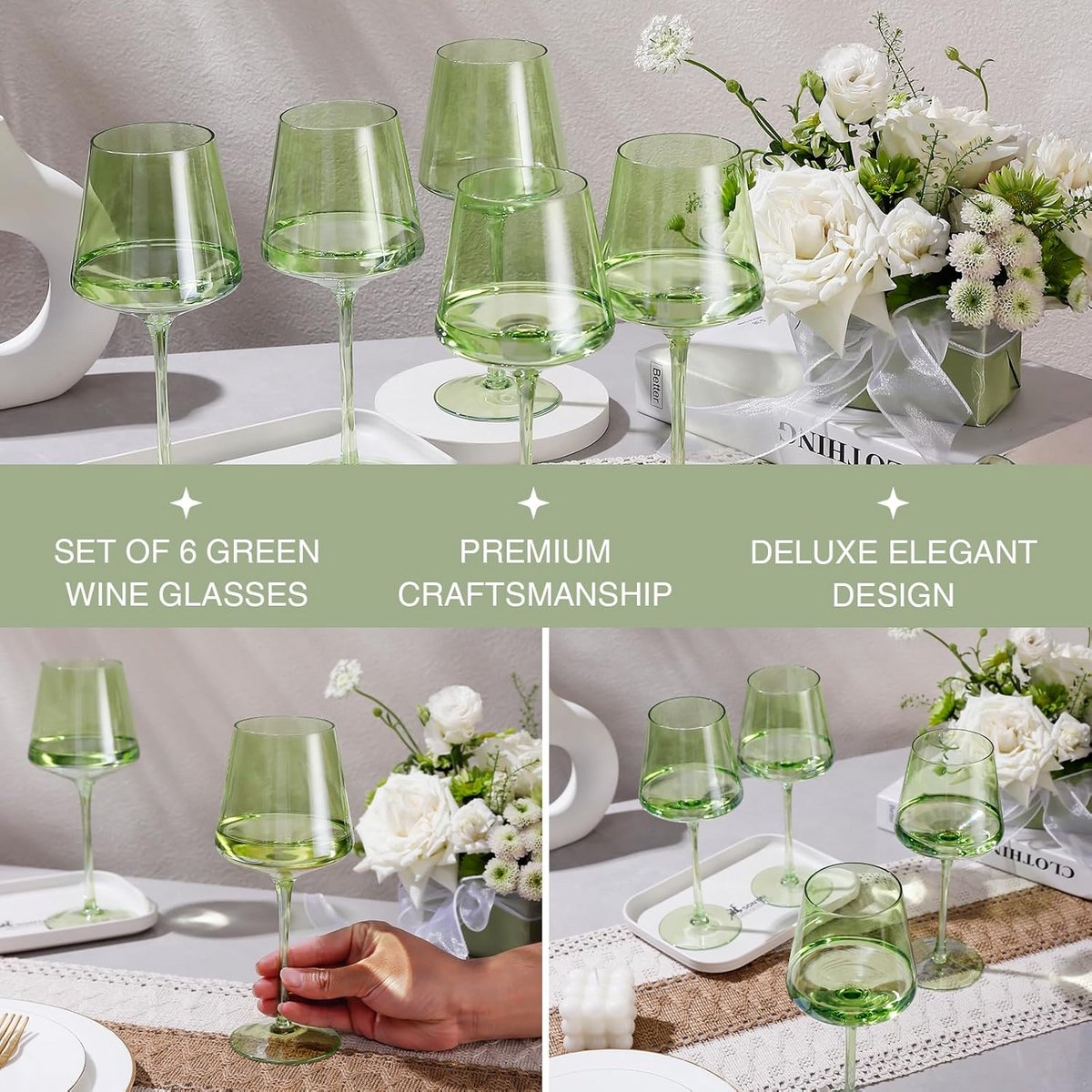 Set van 6 Groene Wijnfluiten met Lange Steel - Elegant Glaswerk voor Feestjes