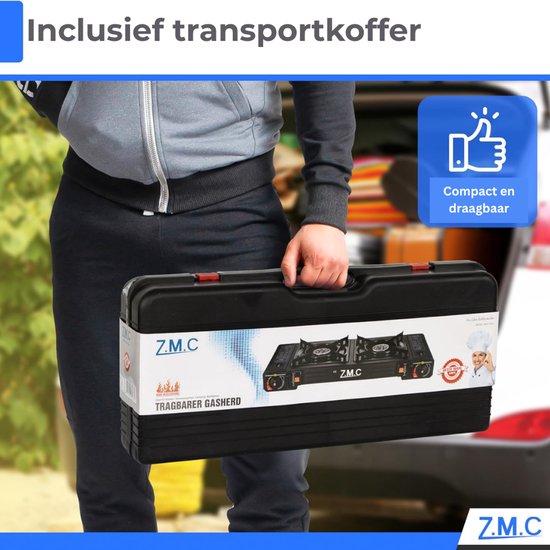 ZMC Campinggasfornuis 2-pits 2,5 kW incl. adapter voor LPG-aansluiting + opbergkoffer Campingfornuis met gaspatronen, met piëzo-ontsteking, voor gebruik binnen en buiten - Gasfornuis met 4 gaspatronen van Z.M.C — afbeelding 3