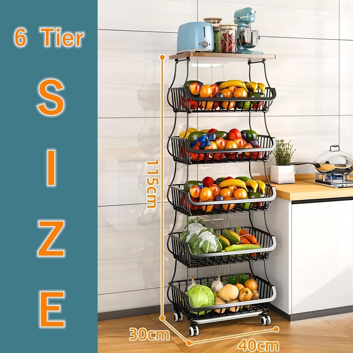 Stapelbare Draadmandenwagen met 6 Niveaus - Keuken Organizer op Wielen