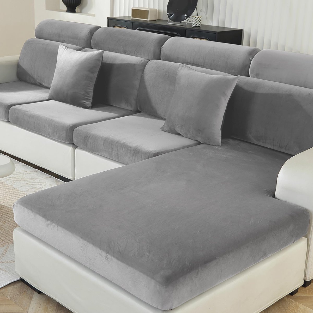 Unyqoos Elastische en Wasbare Bankhoes van Zacht Fluweel voor Driezitsbanken, lichtgrijs, 210*60*20 cm