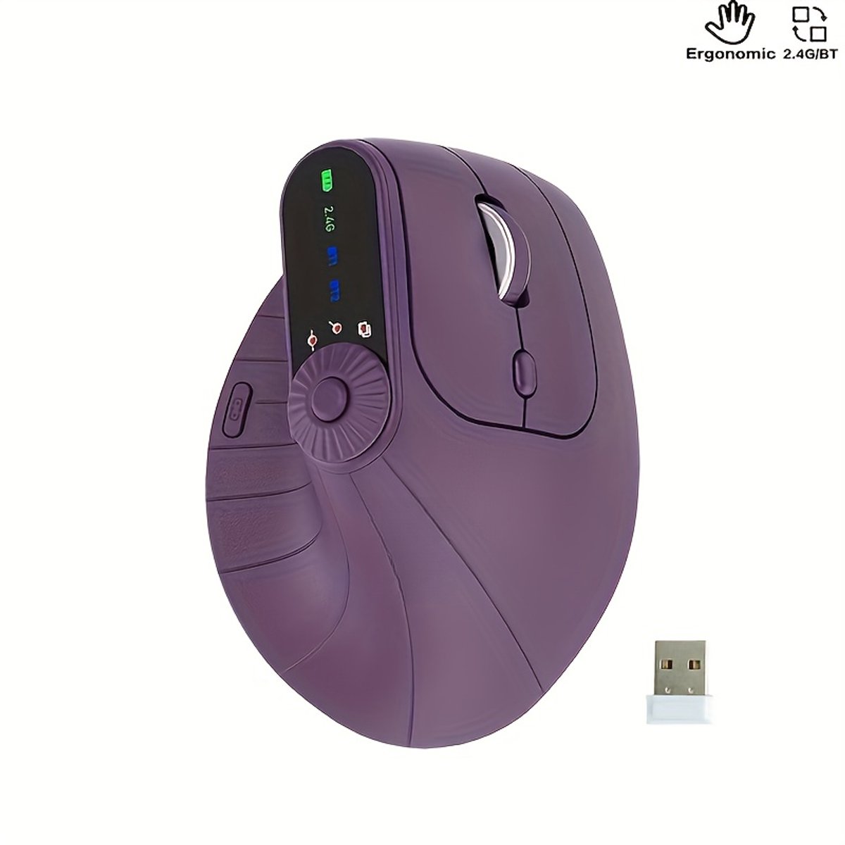 2.4G Bluetooth draadloze verticale muis, ergonomisch, oplaadbaar, multifunctionele muis Geschikt voor kantoorgebruik (paars)