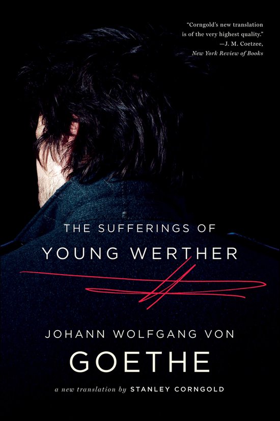 Boekomslag van The Sufferings of Young Werther met rug van man in donkere jas tegen zwarte achtergrond.