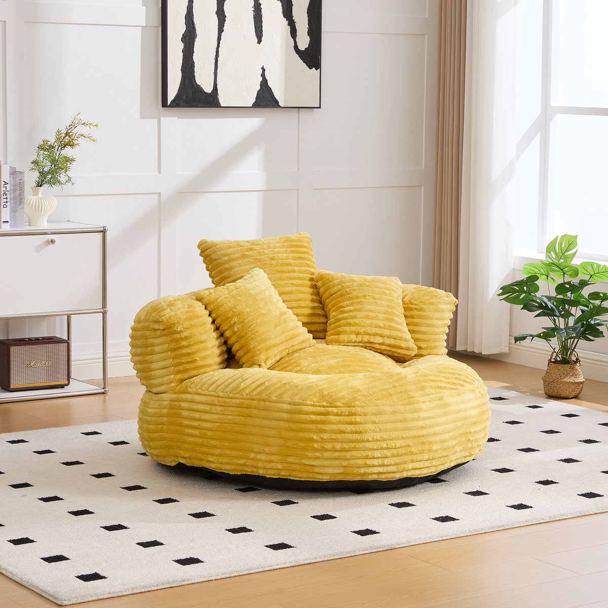 OKWISH Zitzakstoel – Single Gaming Zitzak Met Hoge Rugleuning – Gewatteerd Zitkussen – Ribfluweel – Comfort Voor Woonkamer – Mosterdgeel