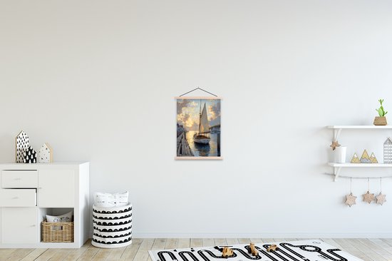 Posterhanger incl. Poster 40x53 cm - Schoolplaat - Zeilboot - Zon - Pier - Hout - Textielposter - Blanke latten