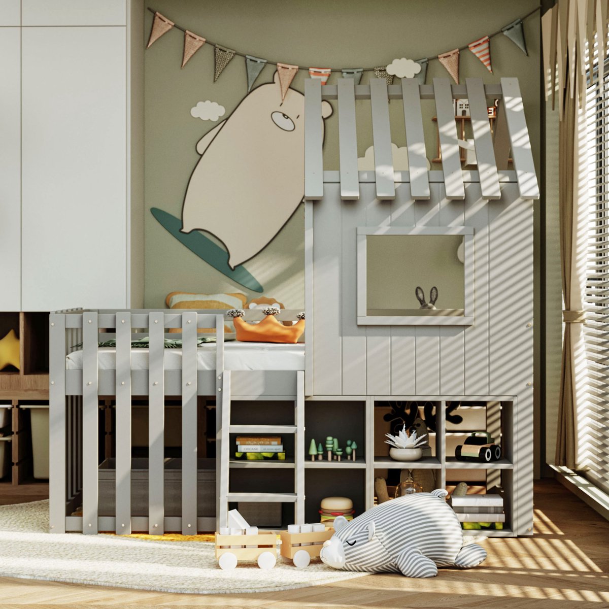 Sweiko Halfhoogslaper - 90x200 cm - Opbergruimte - Massief hout + MDF - Kinderbed - Huisvorm - Grijs