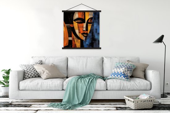 Posterhanger incl. Poster 90x90 cm - Schoolplaat - Abstract - Portret - Kleurvakken - Textielposter - Zwarte latten