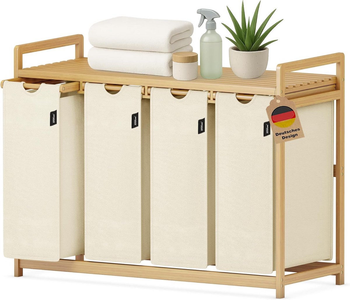 Grote Wasmand met 4 Vakken (198L) - Sorteermand van Bamboe voor Slaapkamer en Badkamer