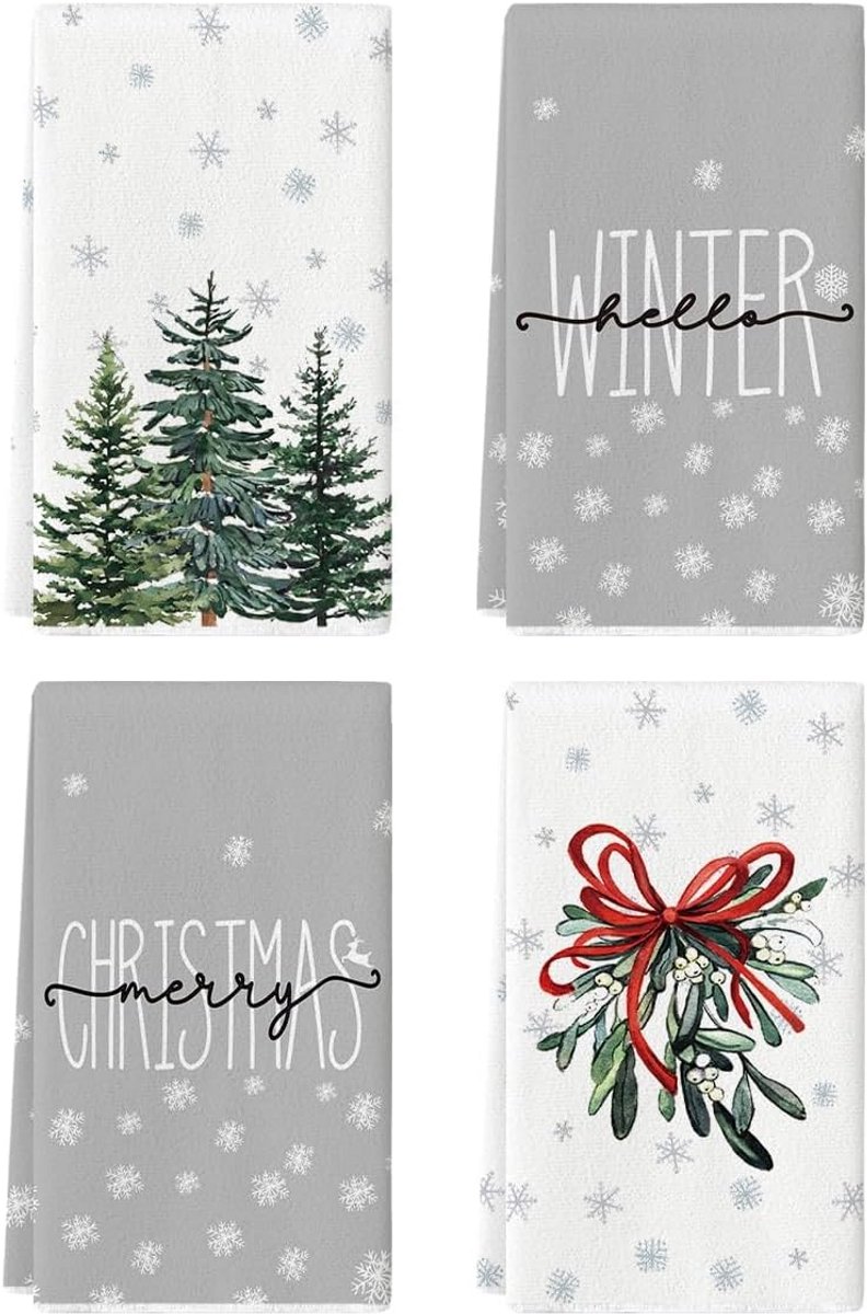 Set van 4 Keukendoeken met Winterse en Kerstprint, Theedoeken 42x65 cm