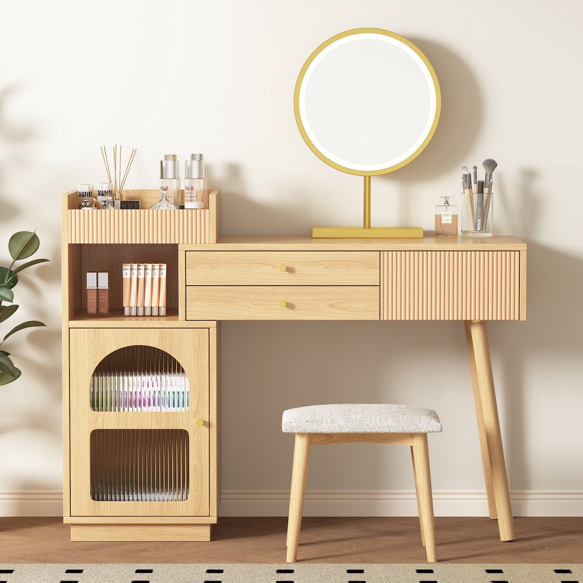 REDOM - Schminktafel - Met verstelbare LED-spiegel - Met 3 ruime lades - H90/B120/T40 cm N