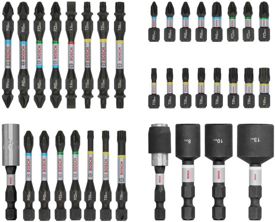 Un jeu d'embouts de tournevis Bosch PRO IMPACT de 36 pièces, avec différentes tailles PH, PZ, T et une douille. Les embouts ont des bandes colorées.