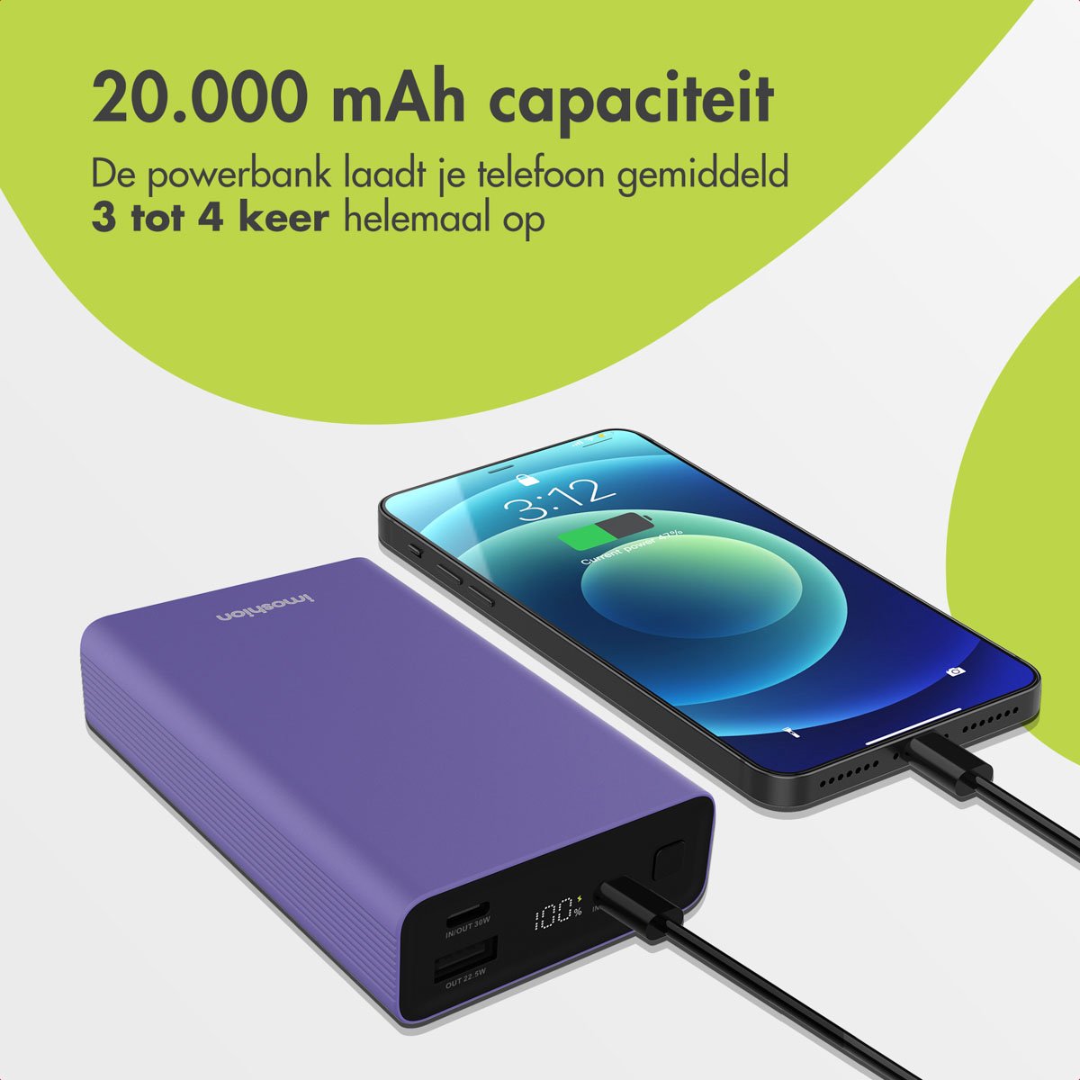 Imoshion Powerbank 20000 mAh 30W Paars met LED-indicator - afbeelding 3