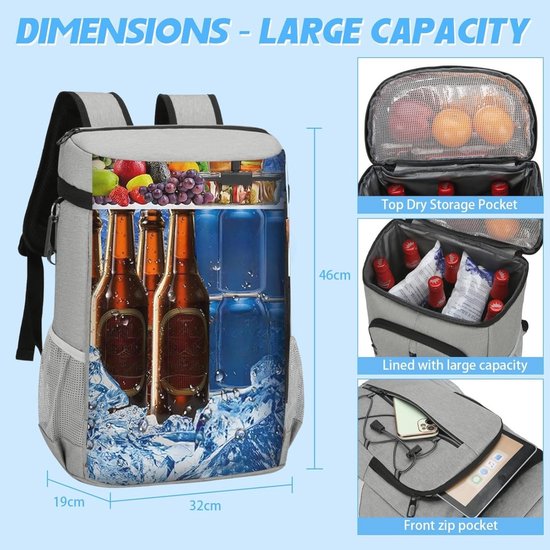 Grote Waterdichte Koelboxrugzak 28 Liter - Isotherme Rugzak voor Picknick met Flesopener — afbeelding 2