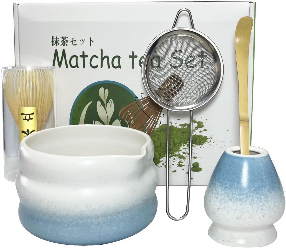 Complete Set voor Matcha Thee Ceremonie: Kom, Bamboe Klopper en Lepel