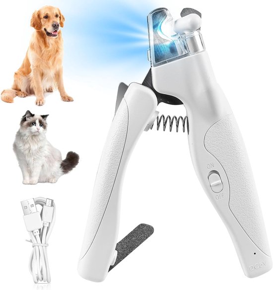 Coupe-ongles blanc avec lumière LED, comprenant un Golden Retriever, un chat et un câble USB.