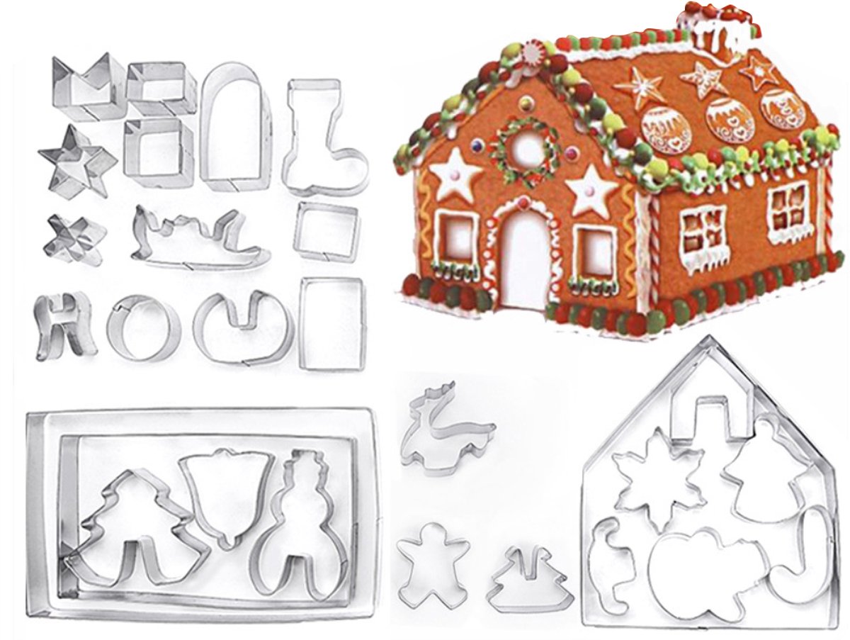 Mmgoqqt - 28 Stuks - Kerst-Creativiteit-Bakken - 3D Huisje Kerst Koekjes Uitstekers - Zilver - Premium Model - Roestvast Staal - Vele Gebruiksmogelijkheden