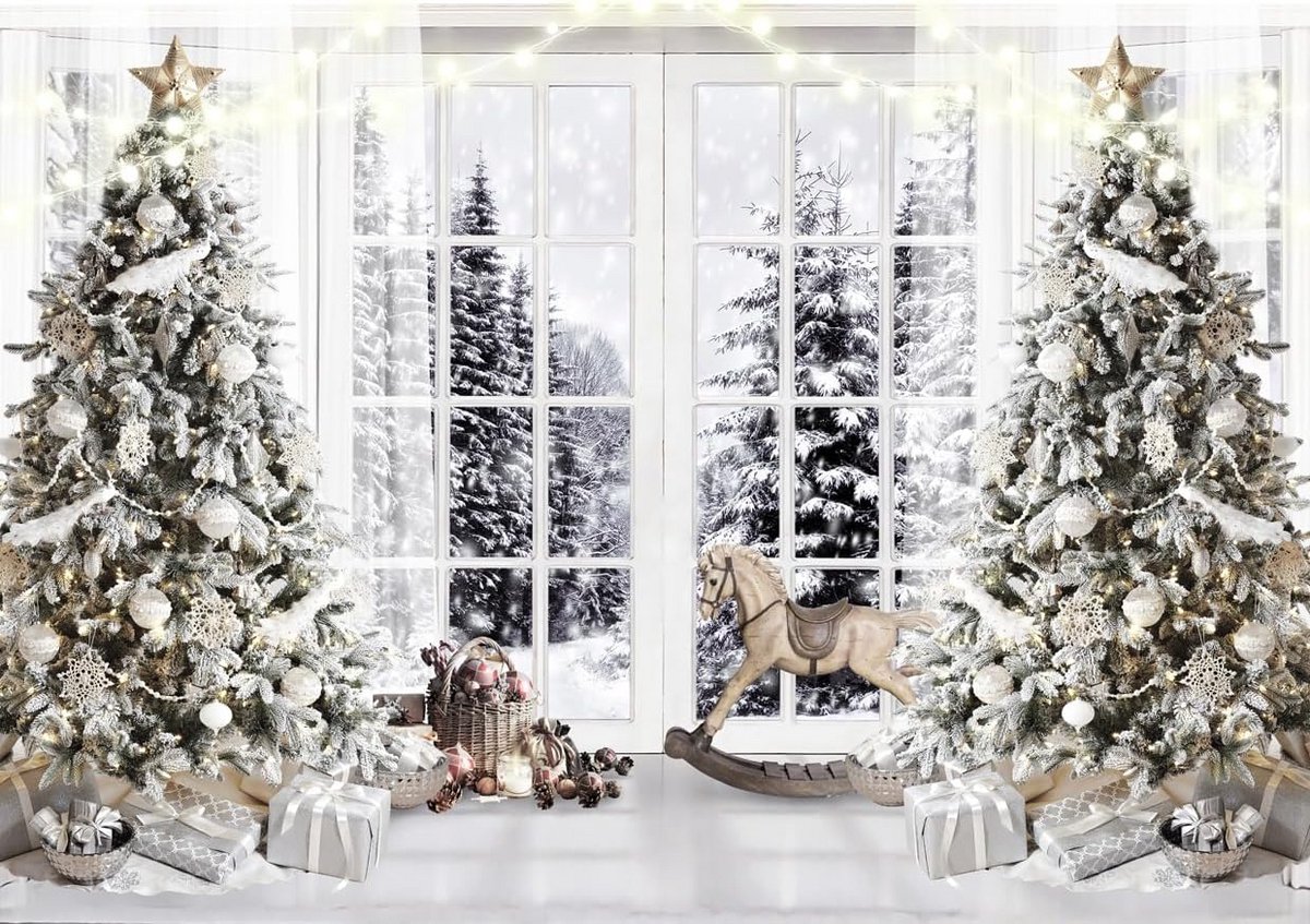 Kerst Foto Achtergrond Winterse Scène met Besneeuwde Bomen en Ramen 7x5FT