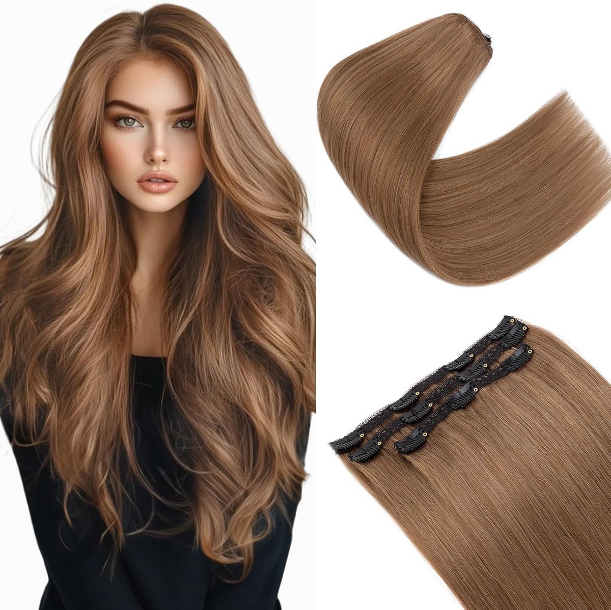 Clip-in Haarverlenging van Echt Haar Lichte Bruin #6R 3 Stuks