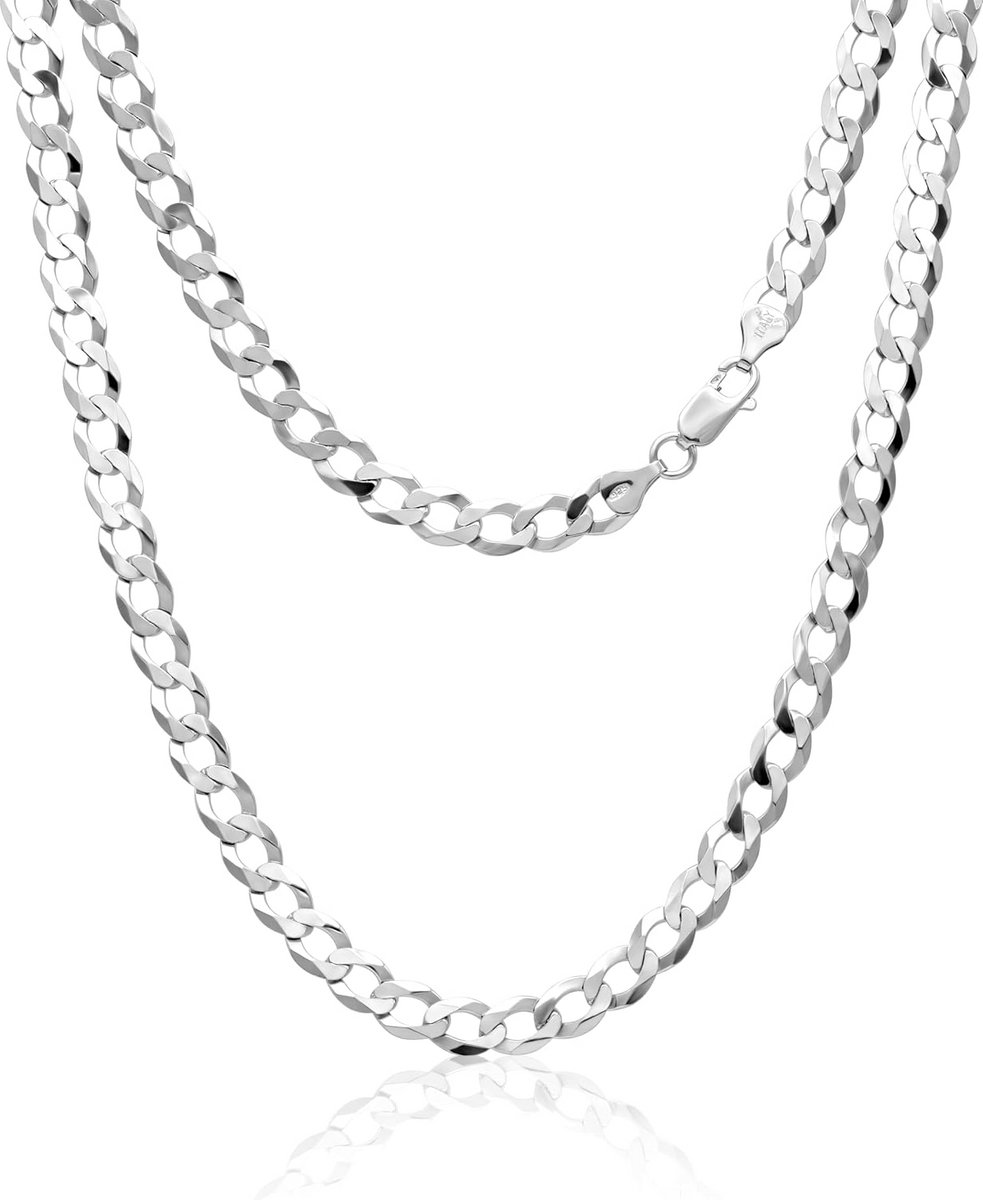 Herenketting 925 Sterling Zilver Rhodium Plated Platte Grumetta Schakel 7.4 mm