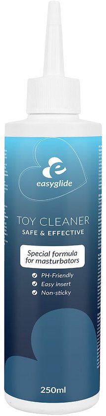 Witte fles EasyGlide Toy Cleaner met blauw en teal design. Staand op witte ondergrond.