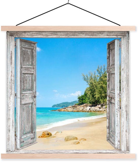 Posterhanger incl. Poster 60x60 cm - Schoolplaat - Strand - Doorkijk - zomer - Tropisch - Textielposter - Blanke latten