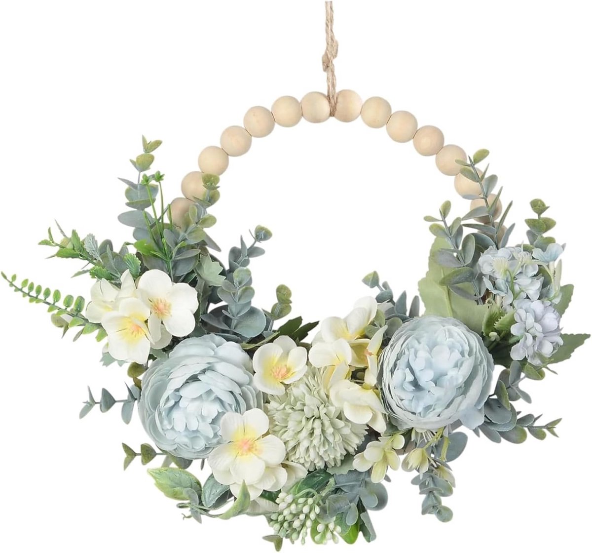 Realistische Bloemenkrans voor Voordeur met Blauwe Bloemen en Houten Kralen - 35 cm